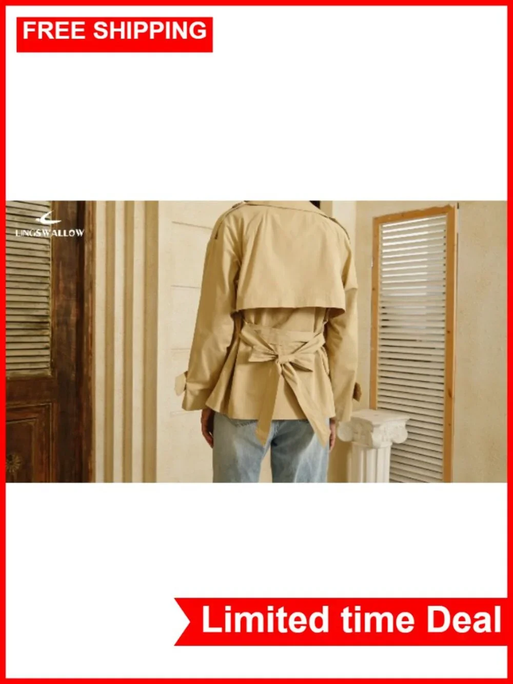 Cropped Trench Coat 100% Cotton Double Breasted Belt Women